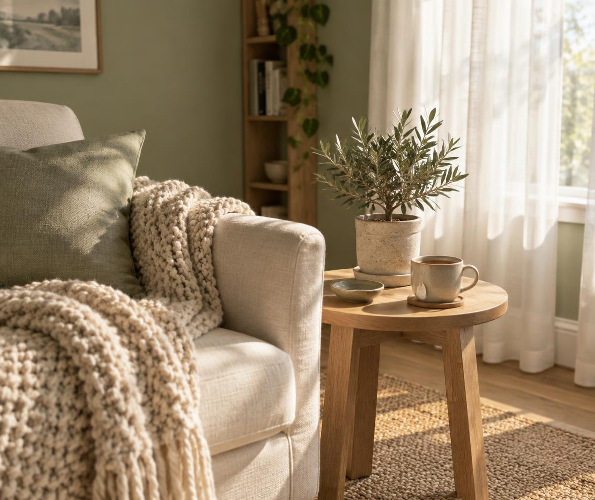 Sunlit corner of the office with a linen armchair, plant, and cup of tea