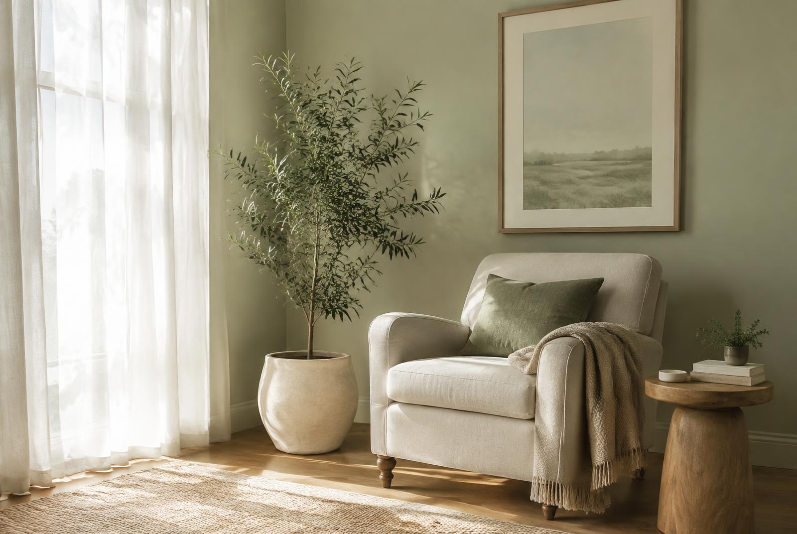 Quiet office sitting area with a linen armchair, olive tree, and sage green walls